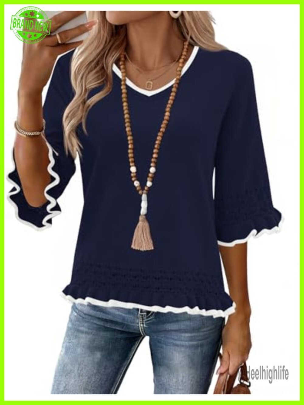 Womens Peplum Sweater 3/4 Sleeve V Neck Lace Ruffle Pullover Top